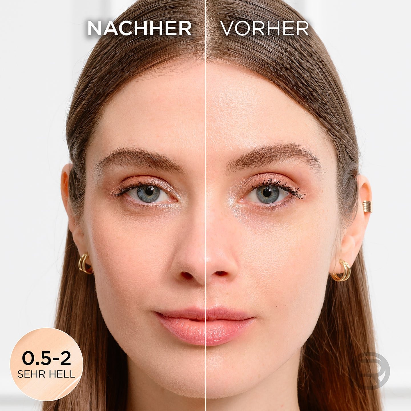 Gesicht einer jungen Frau mit Make-up und dem Getöntes Serum 0.5-2 Sehr Hell